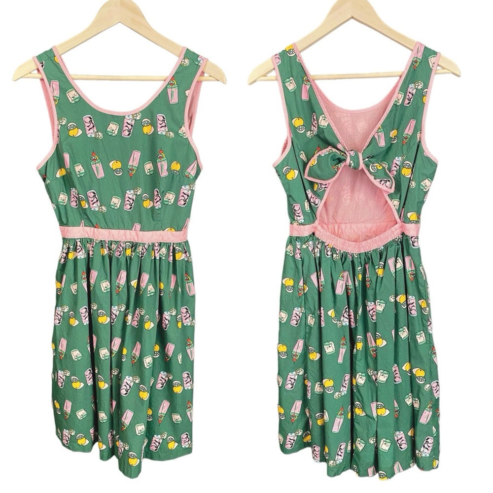 ModCloth Pink Lemonade Dress Green Background Tie Back Medium